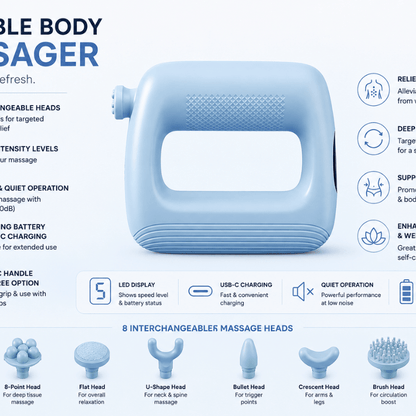TensionFix™ Portable Body Massager –  Deep Tissue Relaxation with 8 Massage Heads.